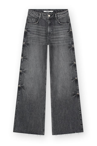 Mid Waist Wide Leg Jeans With Big Studs